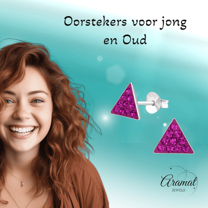 Zilveren Kristallen Oorbellen Driehoek - Donker Roze - Aramat Jewels - Oorbellen - cadeautip