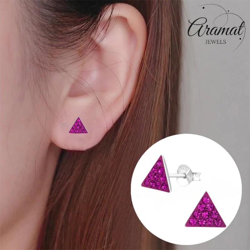 Boucles d'oreilles triangulaires en cristal argenté - Rose foncé 