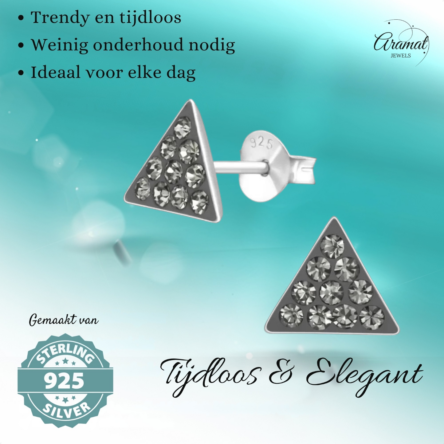 Zilveren Kristallen Oorbellen driehoek Black Diamond