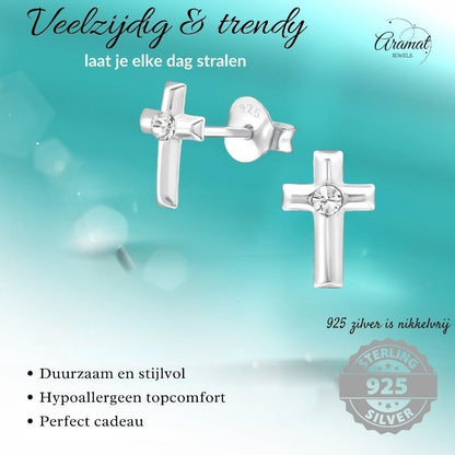Zilveren Kruis Kristal Oorstekers - 8mm - 925 Zilver - oor918 - 32772 - Oorbellen kopen