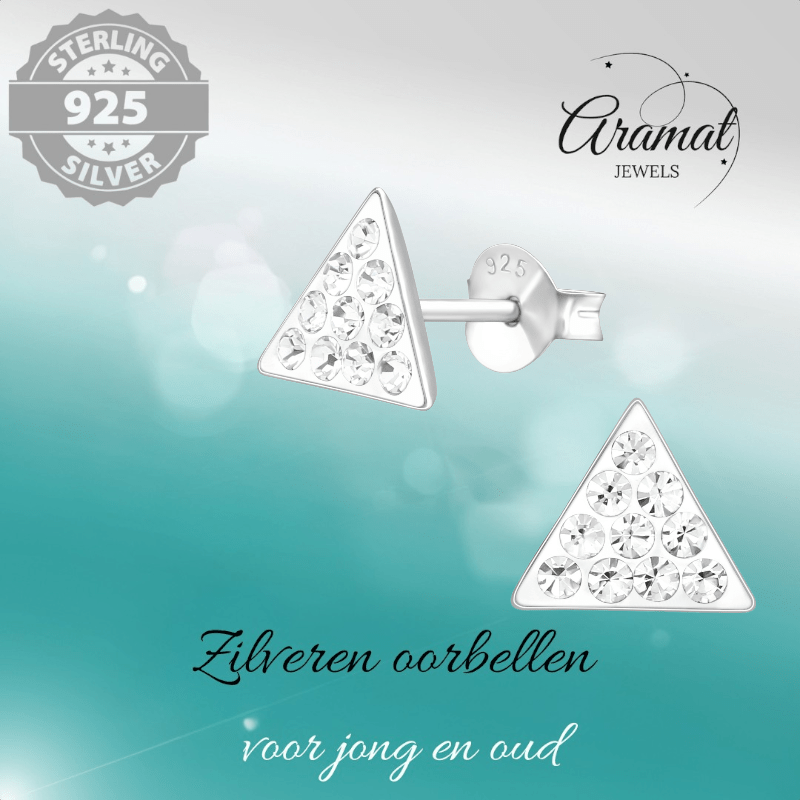 Zilveren oorbellen driehoek met kristalsteentjes - Aramat Jewels - Oorbellen - cadeautip
