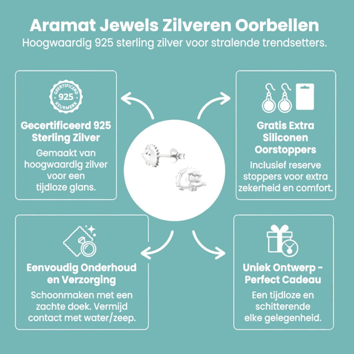 Zilveren Oorbellen Egel - Gladde Oorstekers - Aramat Jewels - Oorbellen - cadeautip