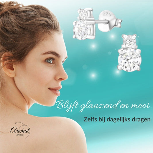 Zilveren Oorbellen met Zirkonia Steentjes - Aramat Jewels - Oorbellen - cadeautip