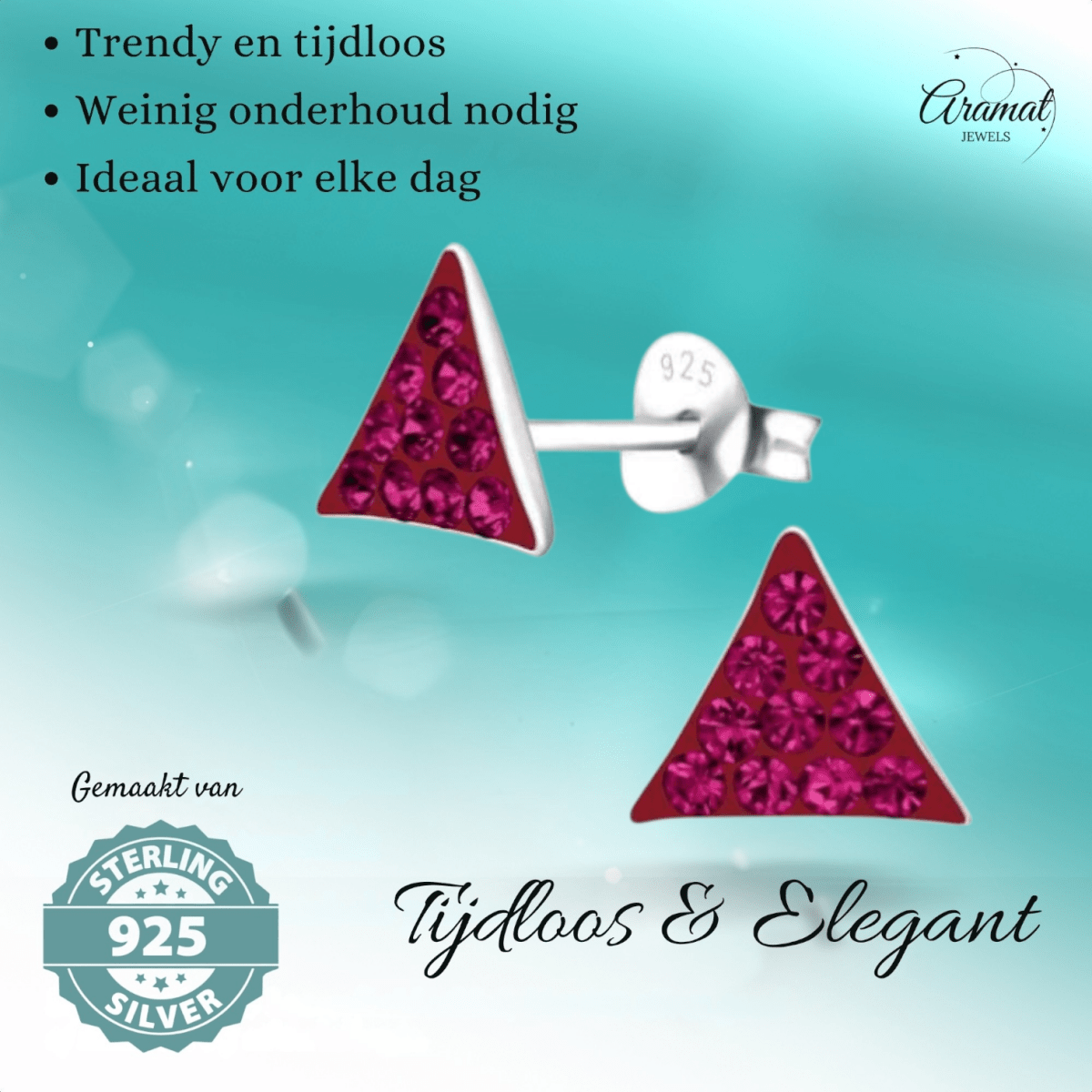 Zilveren oorstekers driehoek fuchsia roze kristal - Aramat Jewels - Oorbellen - cadeautip