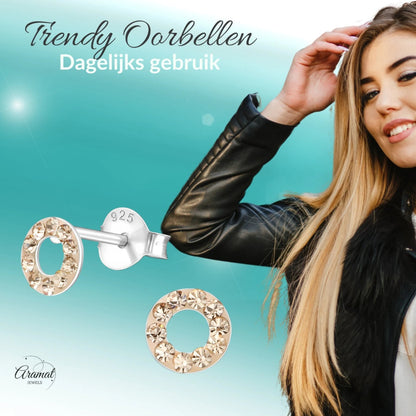 Zilveren open cirkel oorbellen champagne kristal - Aramat Jewels - Oorbellen - cadeautip