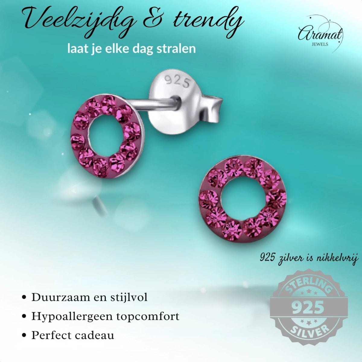 Zilveren open cirkel oorbellen felroze kristal - Aramat Jewels - Oorbellen - cadeautip