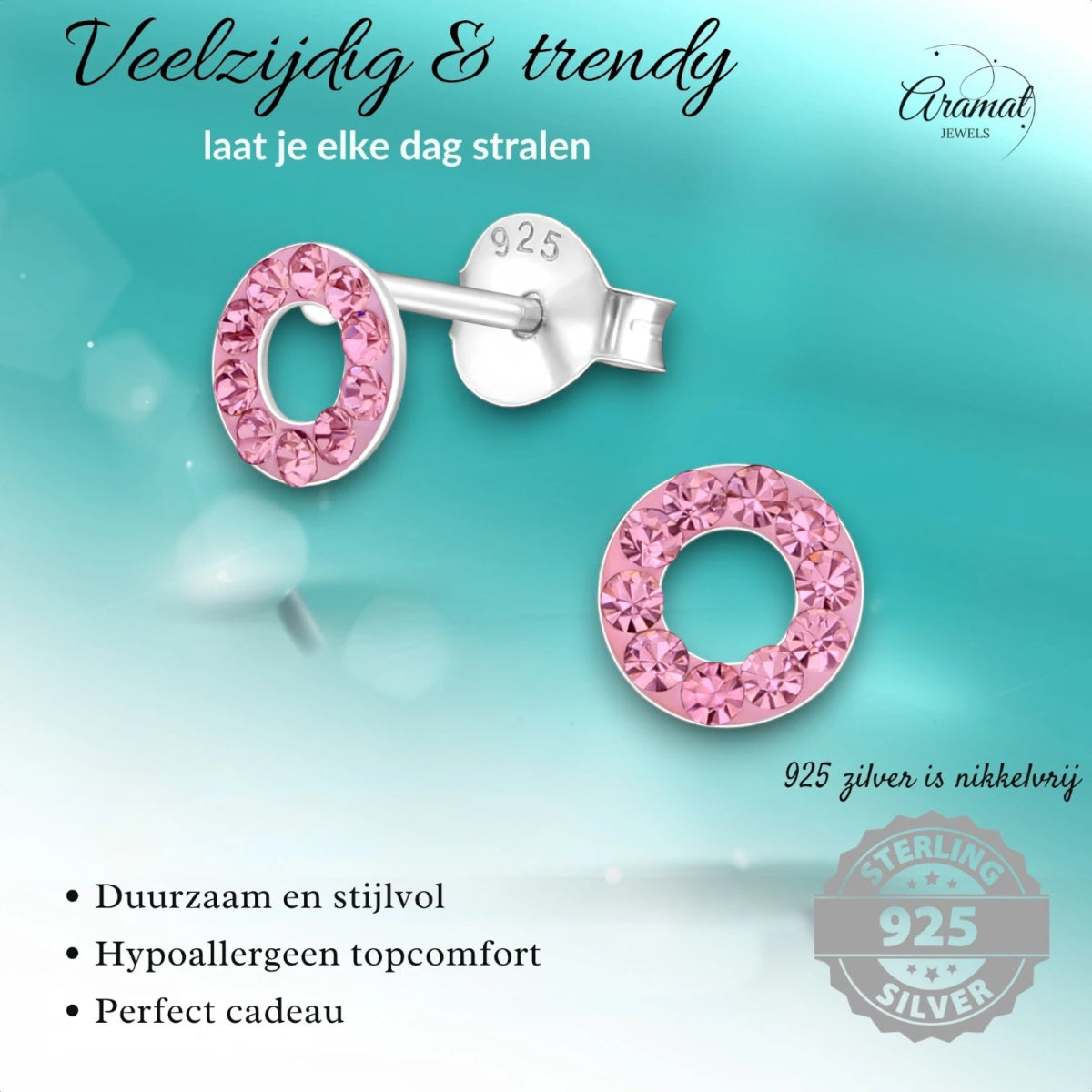 Zilveren open cirkel oorbellen lichtroze kristal - Aramat Jewels - Oorbellen - cadeautip