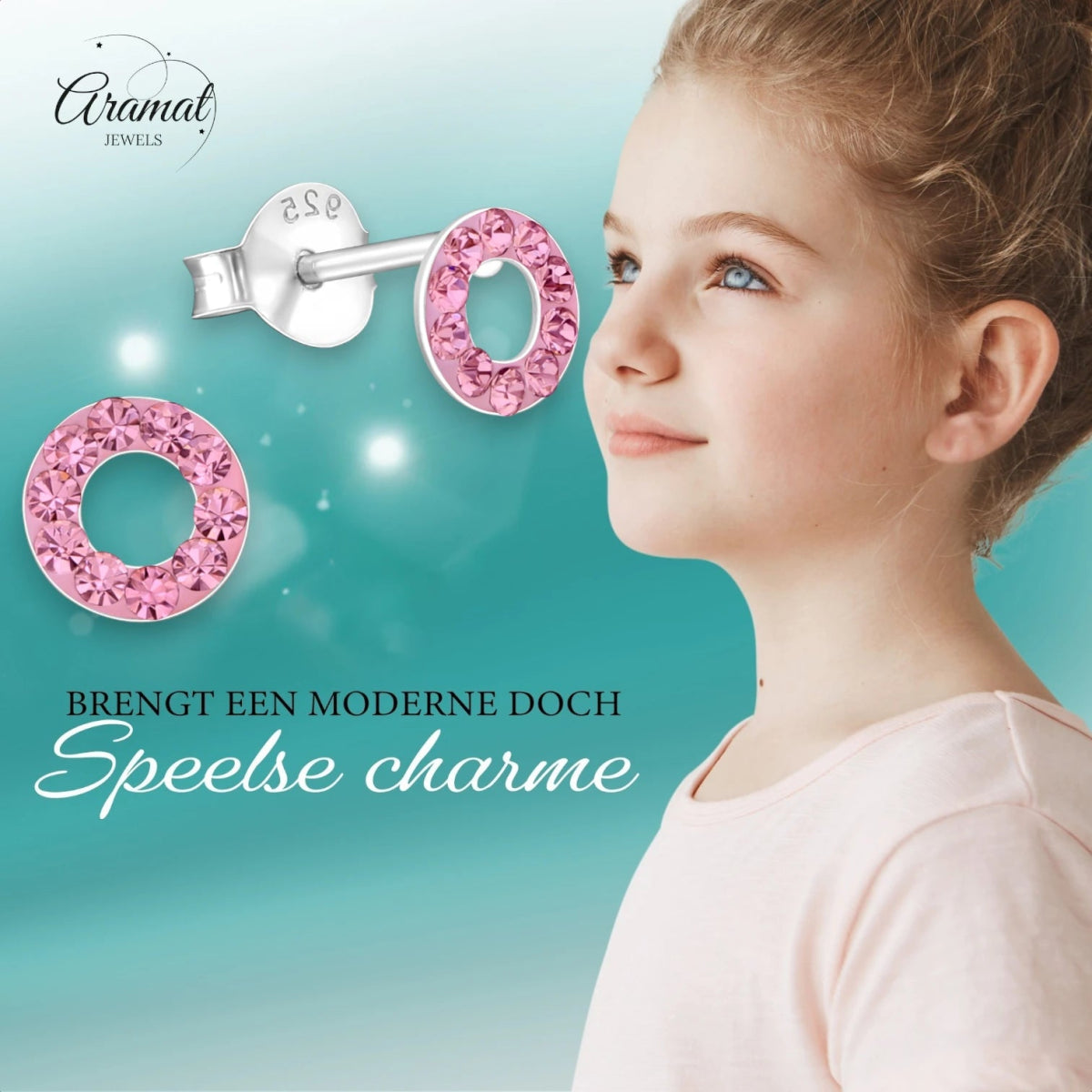 Zilveren open cirkel oorbellen lichtroze kristal - Aramat Jewels - Oorbellen - cadeautip
