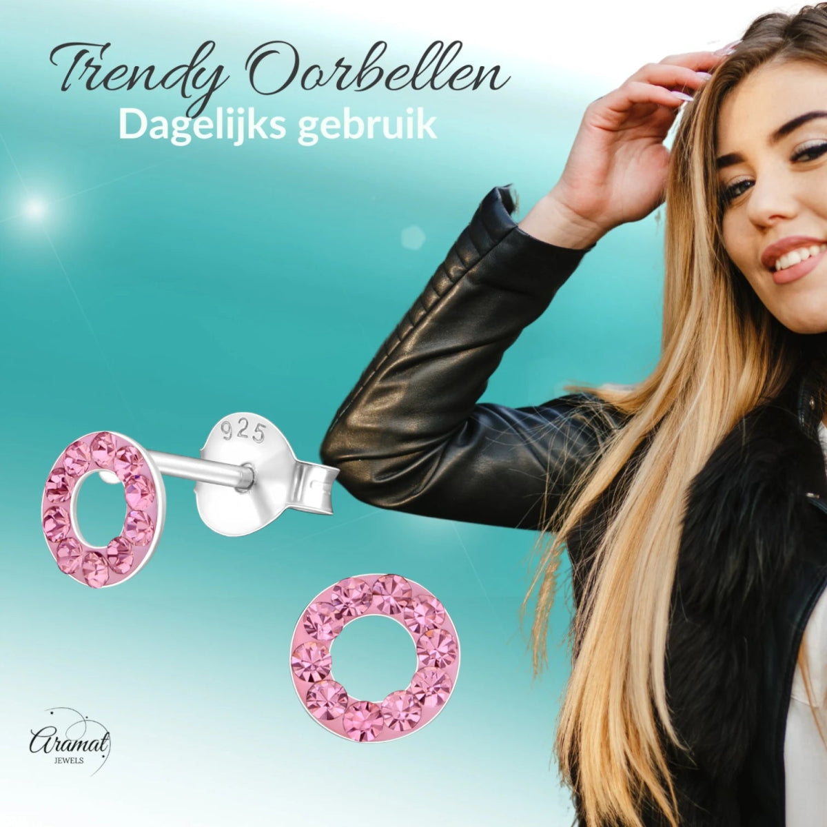 Zilveren open cirkel oorbellen lichtroze kristal - Aramat Jewels - Oorbellen - cadeautip