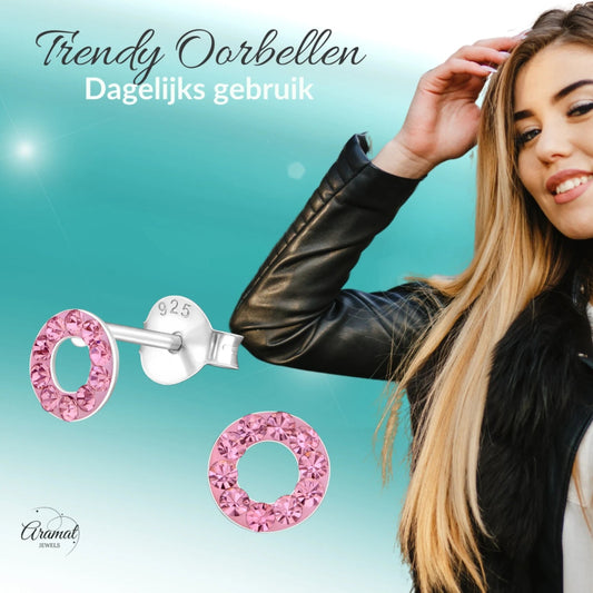 Zilveren open cirkel oorbellen lichtroze kristal - Aramat Jewels - Oorbellen - cadeautip