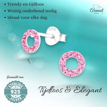 Zilveren open cirkel oorbellen lichtroze kristal - Aramat Jewels - Oorbellen - cadeautip