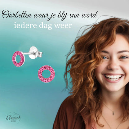 Zilveren open cirkel oorbellen roze kristal - Aramat Jewels - Oorbellen - cadeautip