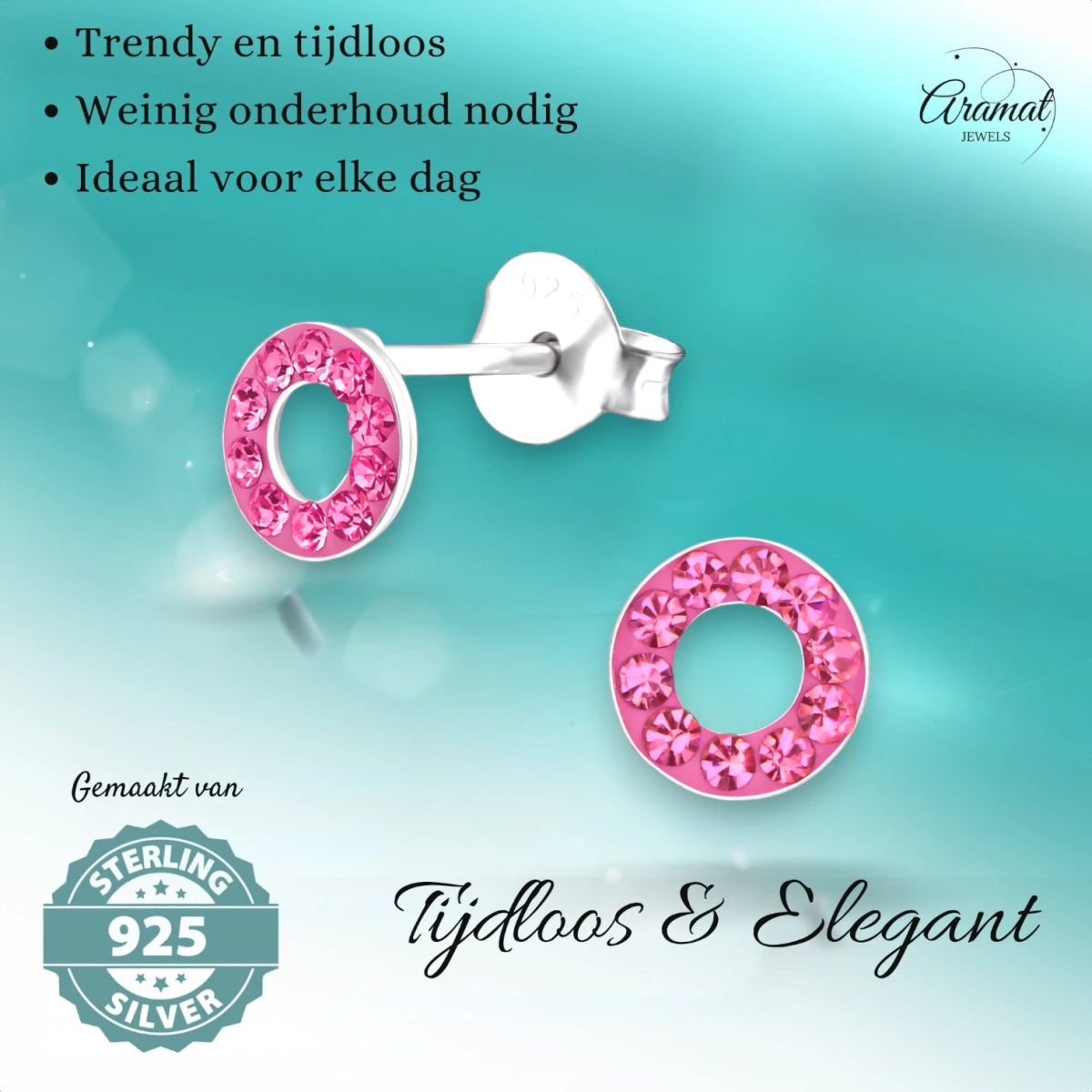 Zilveren open cirkel oorbellen roze kristal - Aramat Jewels - Oorbellen - cadeautip