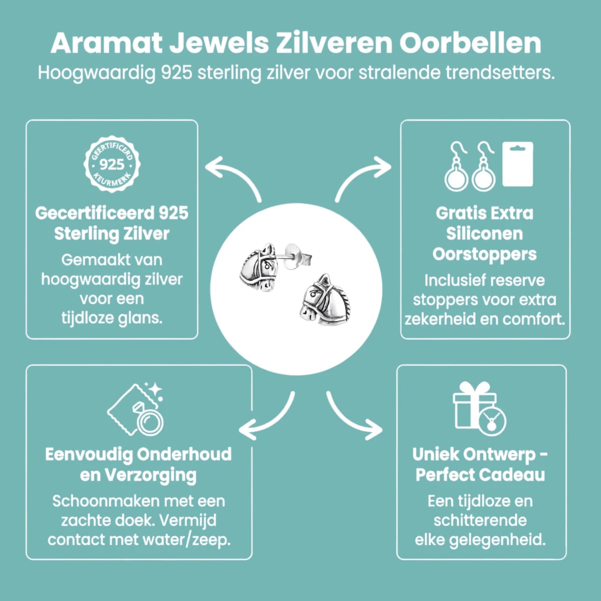 Zilveren Paarden Oorbellen – Geoxideerd Zilver – 9x7mm - Aramat Jewels - Oorbellen - cadeautip
