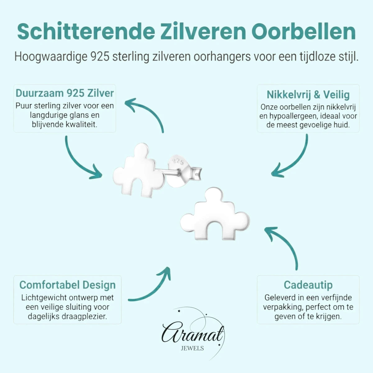 Zilveren Puzzelstuk Oorstuds - 10x7mm - Aramat Jewels - Oorbellen - cadeautip