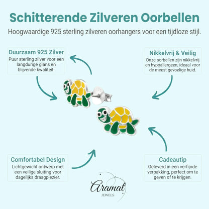 Zilveren Schildpad Oorbellen - Groen en Geel Emaille - Aramat Jewels - Oorbellen - cadeautip