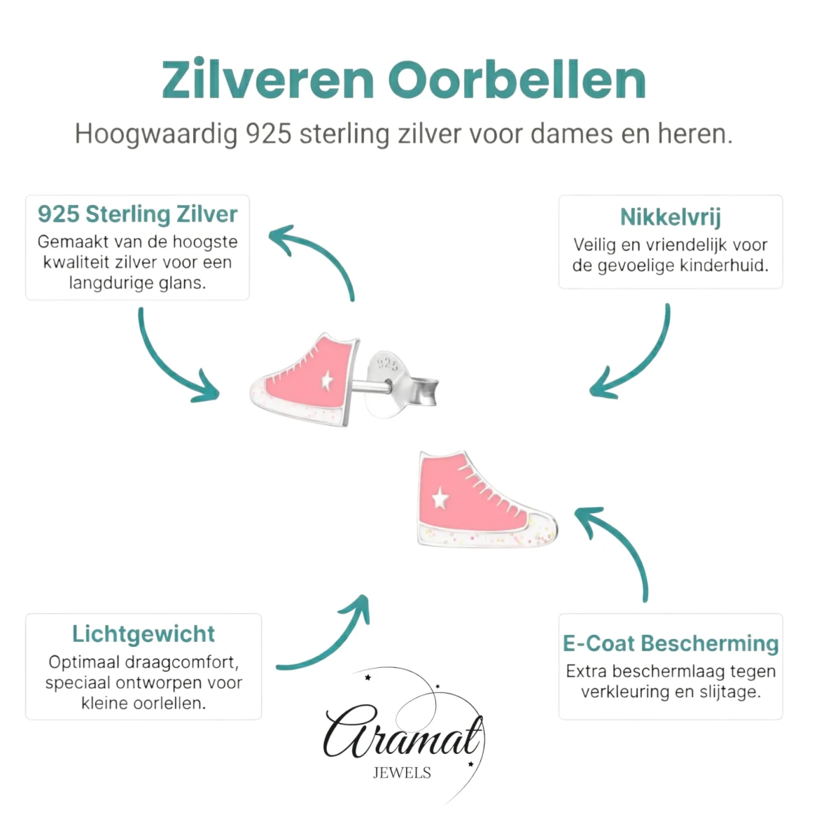 Zilveren Sneaker Oorbellen met Roze en Witte Glitter Emaille – 10x6mm - Aramat Jewels - Oorbellen - cadeautip
