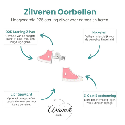 Zilveren Sneaker Oorbellen met Roze en Witte Glitter Emaille – 10x6mm - Aramat Jewels - Oorbellen - cadeautip