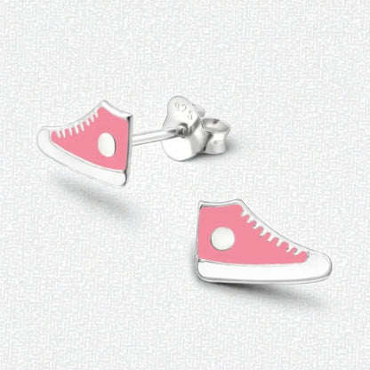 Zilveren Sneaker Oorbellen – Roze en Witte Emaille – 10x6mm - Aramat Jewels - Oorbellen - cadeautip
