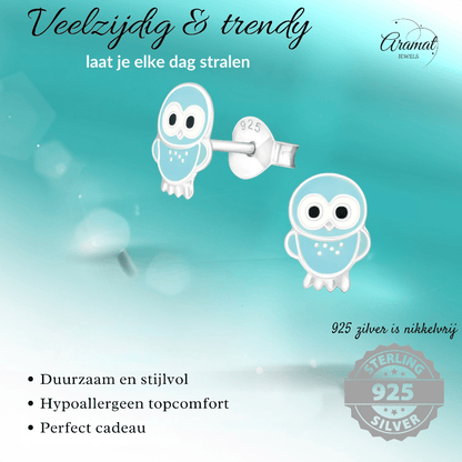 Zilveren Uiltjes Oorbellen Lichtblauw 9x7 mm - oor855 - 18744 - Oorbellen kopen# - 925 Zilver - 9mm - alles