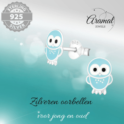Zilveren Uiltjes Oorbellen Lichtblauw 9x7 mm - oor855 - 18744 - Oorbellen kopen# - 925 Zilver - 9mm - alles