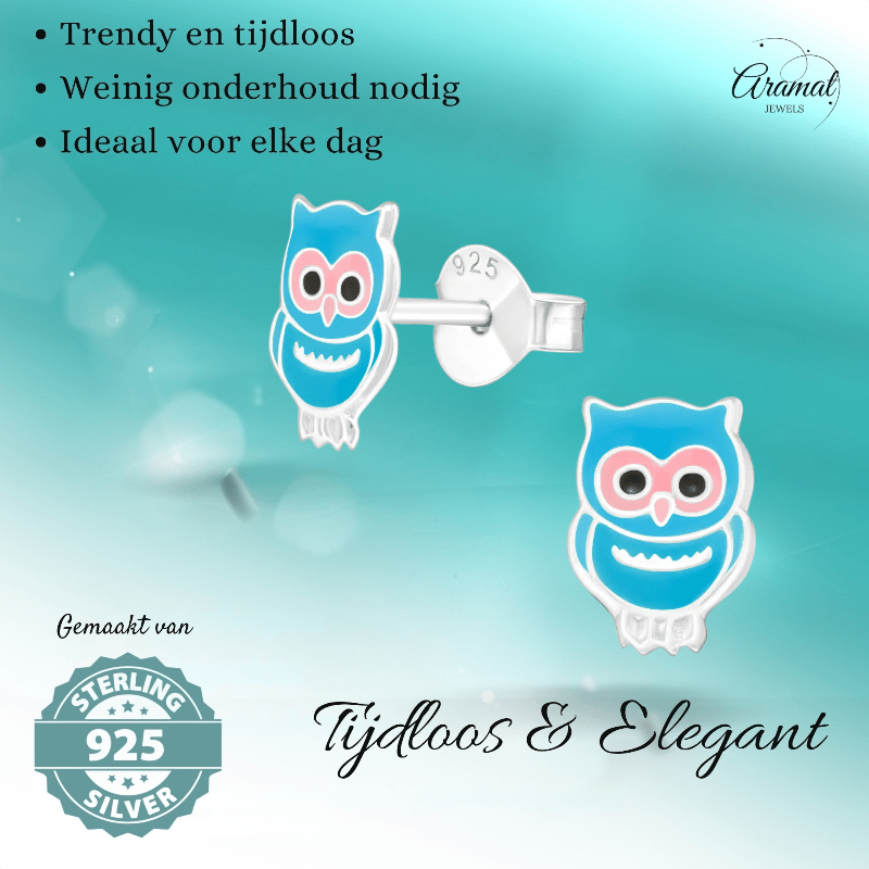 Zilveren Uiltjes Oorbellen – Lichtblauw - oor1047 - 3685 - Oorbellen kopen# - 925 Zilver - 9mm - alles