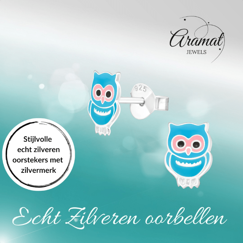 Zilveren Uiltjes Oorbellen – Lichtblauw - oor1047 - 3685 - Oorbellen kopen# - 925 Zilver - 9mm - alles