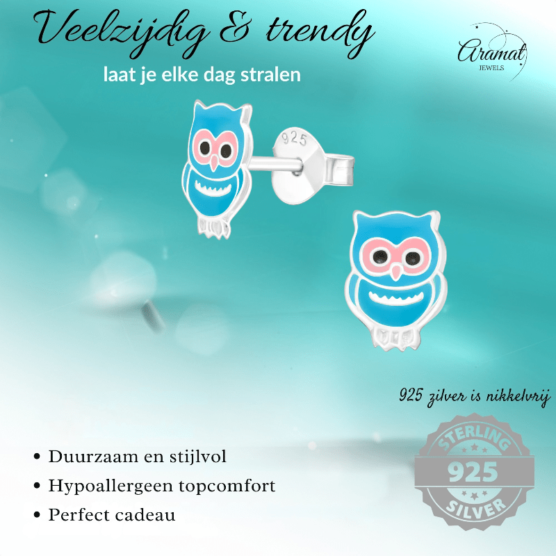 Zilveren Uiltjes Oorbellen – Lichtblauw - oor1047 - 3685 - Oorbellen kopen# - 925 Zilver - 9mm - alles