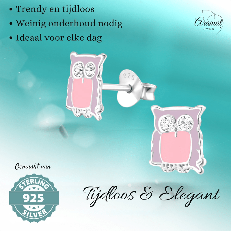 Zilveren Uiltjes Oorbellen – Lila emaille - Kristal - oor699 - 32779 - Oorbellen kopen# - 8mm - 925 Zilver - alles