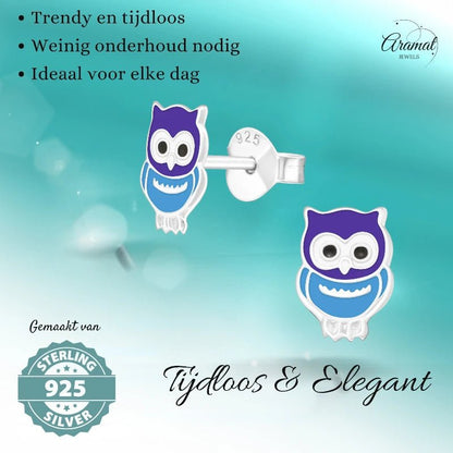 Zilveren Uiltjes Oorbellen Meisje – 925 Zilver – Blauw Emaille – 8x6mm – Dierenoorbellen - oor351 - 18724 - Oorbellen kopen# - 8mm - 925 Zilver - alles