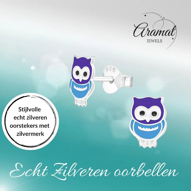 Zilveren Uiltjes Oorbellen Meisje – 925 Zilver – Blauw Emaille – 8x6mm – Dierenoorbellen - oor351 - 18724 - Oorbellen kopen# - 8mm - 925 Zilver - alles