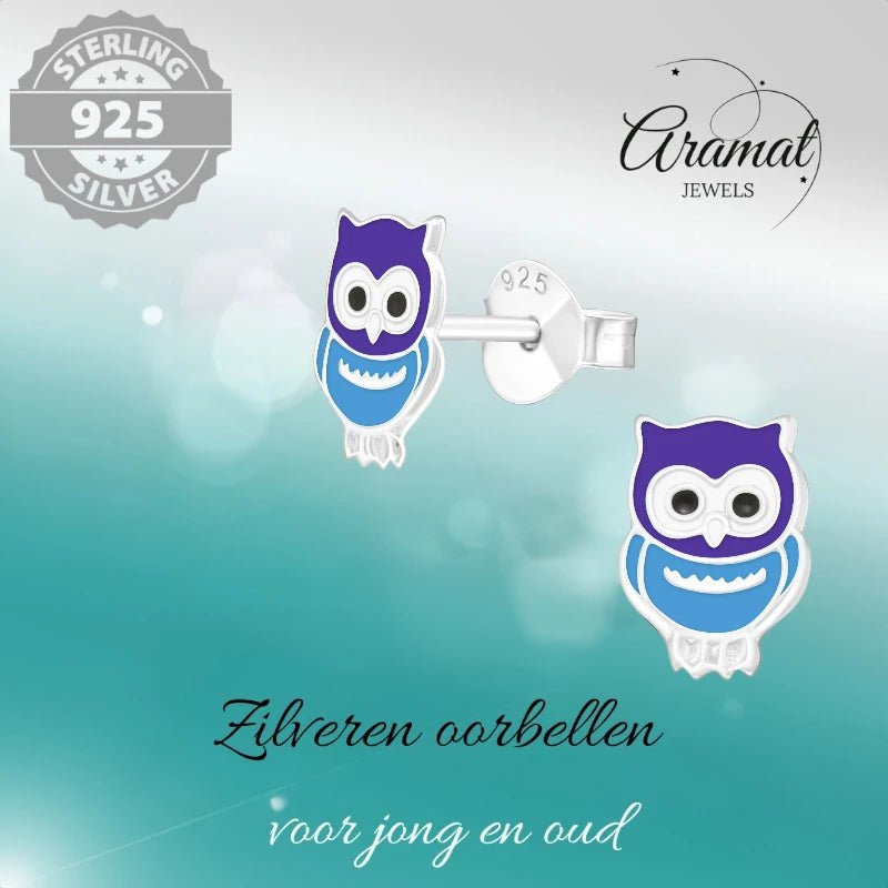 Zilveren Uiltjes Oorbellen Meisje – 925 Zilver – Blauw Emaille – 8x6mm – Dierenoorbellen - oor351 - 18724 - Oorbellen kopen# - 8mm - 925 Zilver - alles