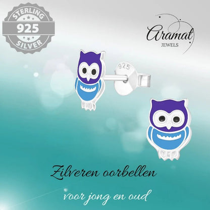 Zilveren Uiltjes Oorbellen Meisje – 925 Zilver – Blauw Emaille – 8x6mm – Dierenoorbellen - oor351 - 18724 - Oorbellen kopen# - 8mm - 925 Zilver - alles