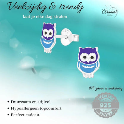 Zilveren Uiltjes Oorbellen Meisje – 925 Zilver – Blauw Emaille – 8x6mm – Dierenoorbellen - oor351 - 18724 - Oorbellen kopen# - 8mm - 925 Zilver - alles