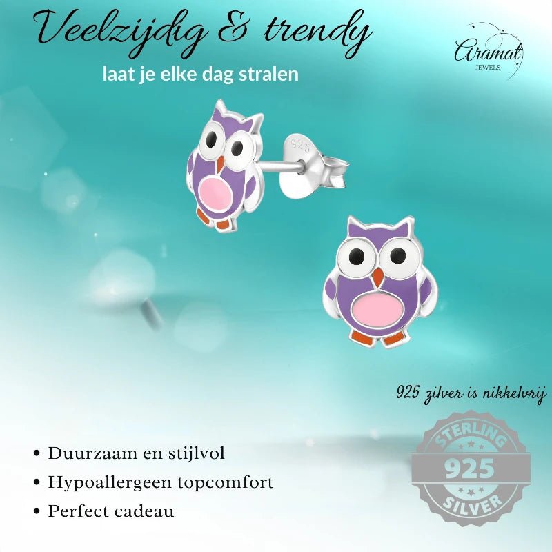 Zilveren Uiltjes Oorbellen Meisje – 925 Zilver – Paars Roze Emaille – 8mm – Kinder Oorstekers - oor895 - 22223 - Oorbellen kopen# - 8mm - 925 Zilver - alles