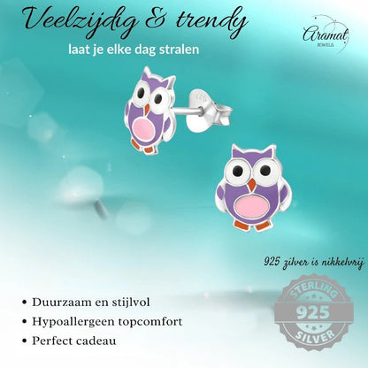 Zilveren Uiltjes Oorbellen Meisje – 925 Zilver – Paars Roze Emaille – 8mm – Kinder Oorstekers - oor895 - 22223 - Oorbellen kopen# - 8mm - 925 Zilver - alles