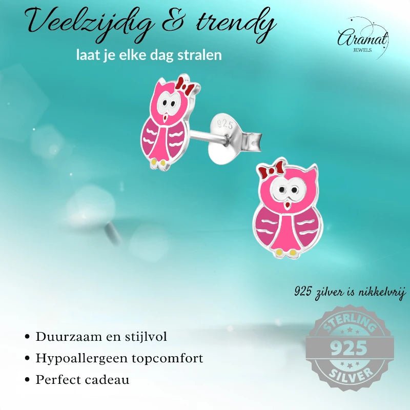 Zilveren Uiltjes Oorbellen Meisje – 925 Zilver – Roze & Donkerroze Emaille – 8x6mm – Kinder Oorstekers - oor885 - 26495 - Oorbellen kopen# - 8mm - 925 Zilver - alles