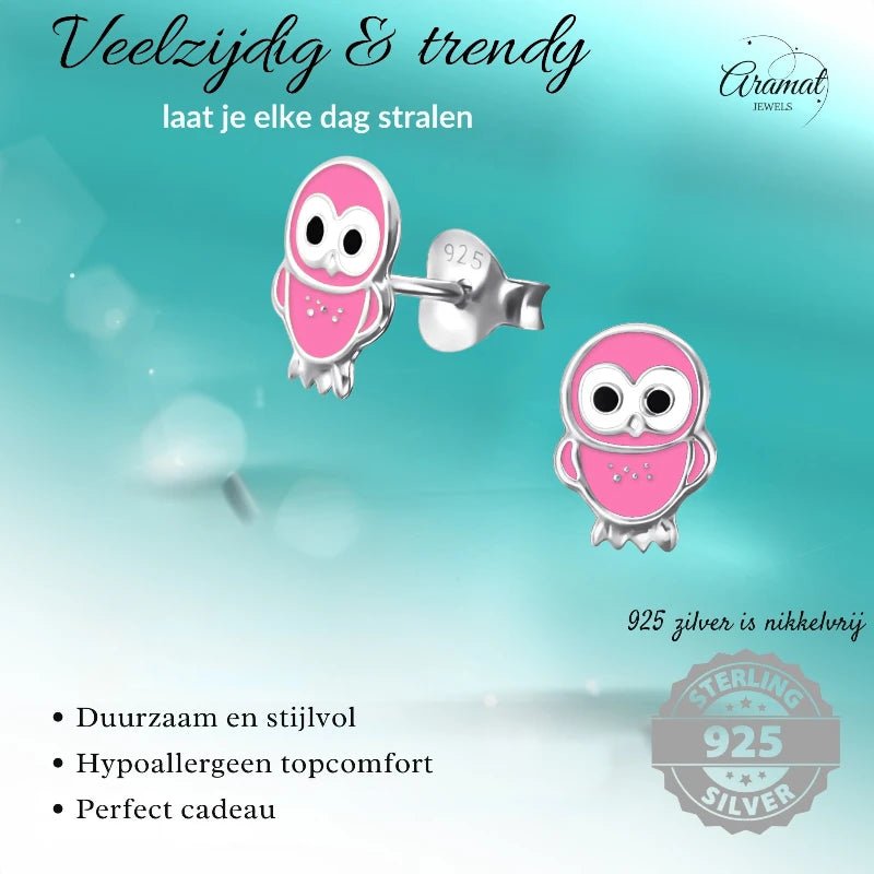 Zilveren Uiltjes Oorbellen Meisje – 925 Zilver – Roze Emaille – 9x6mm – Oorstekers Kind - oor313 - 15956 - Oorbellen kopen# - 925 Zilver - 9mm - alles