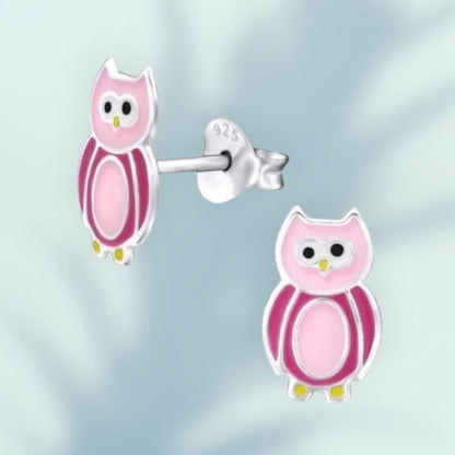 Aramat Jewels pink and silver enamel owl stud earrings for children, 10x6mm.