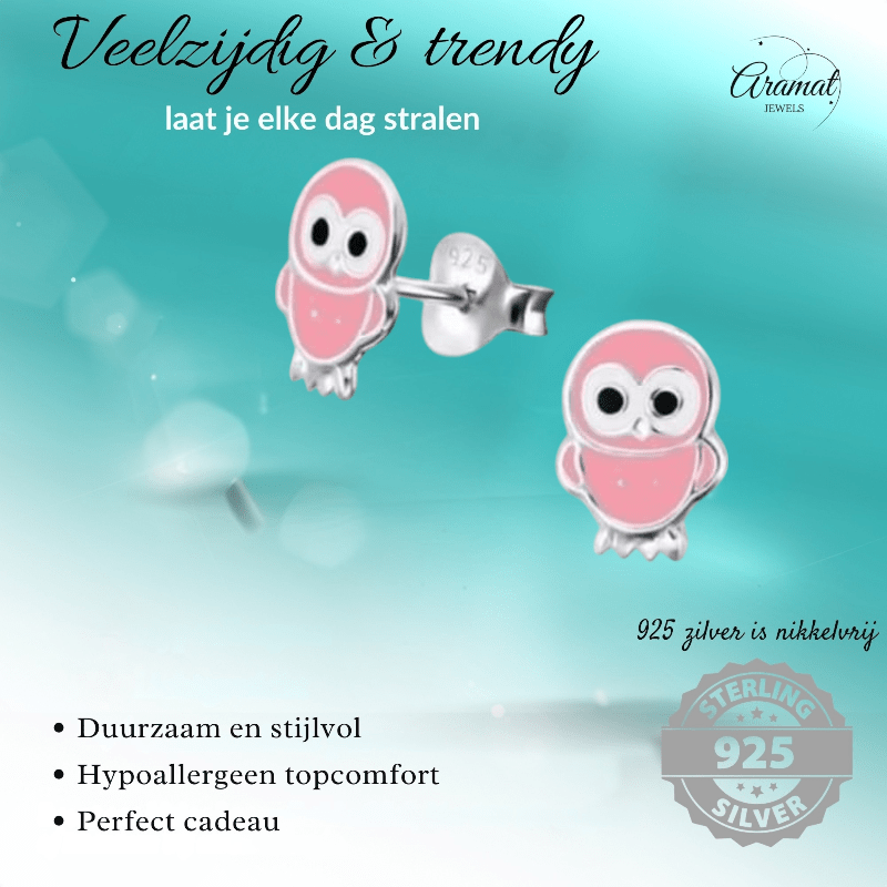 Zilveren Uiltjes Oorbellen Roze 9x6 mm - oor310 - 910 - Oorbellen kopen# - 925 Zilver - 9mm - alles