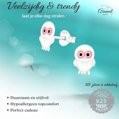 Zilveren Uiltjes Oorbellen - Wit/Roze Emaille - Cadeau - oor375 - 3683 - Oorbellen kopen