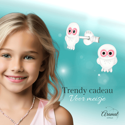 Zilveren Uiltjes Oorbellen - Wit/Roze Emaille - Cadeau - oor375 - 3683 - Oorbellen kopen