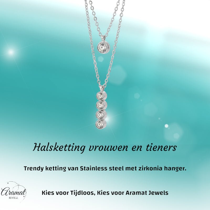 Zilverkleurige Aramat Jewels Dubbele Ketting met Zirkonia - Aramat Jewels - Halskettingen - cadeautip