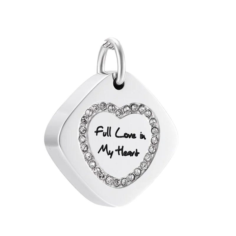 Pendentif carré en acier et frêne avec zircon en forme de cœur 30x23mm