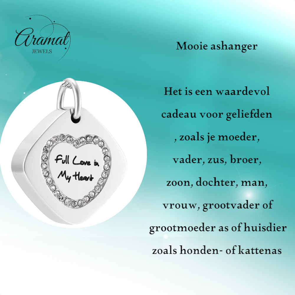 Pendentif carré en acier et frêne avec zircon en forme de cœur 30x23mm