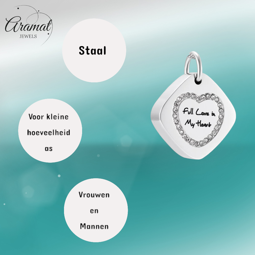 Pendentif carré en acier et frêne avec zircon en forme de cœur 30x23mm