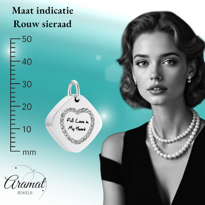 Pendentif carré en acier et frêne avec zircon en forme de cœur 30x23mm