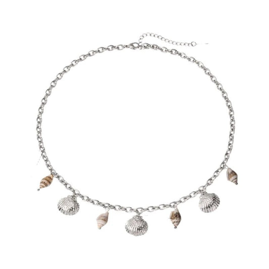 Zilverkleurige bedelketting met echte schelpen – 40+5 cm - ket1184 - 513517 - Halskettingen kopen# - 40cm - alles - Bedelketting