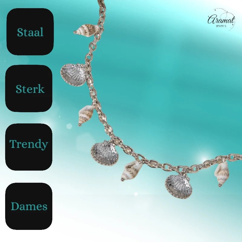 Zilverkleurige bedelketting met echte schelpen – 40+5 cm - ket1184 - 513517 - Halskettingen kopen# - 40cm - alles - Bedelketting