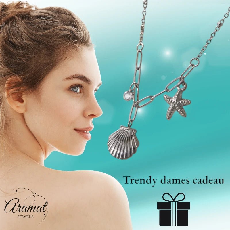 Zilverkleurige bedelketting met zeester, schelp & zirkonia – 40+5 cm - ket1183 - 658906 - Halskettingen kopen# - 40cm - alles - Bedelketting